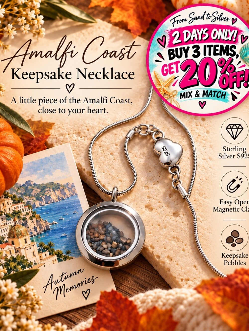 Amalfi Coast Pebble Keepsake Necklace | S925 Sterling Silver Chain